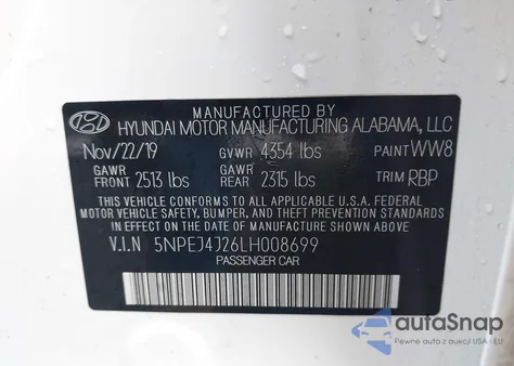 2020 Hyundai Sonata Sel Plus z USA, uszkodzony, nr VIN 5NPEJ4J26LH008699
